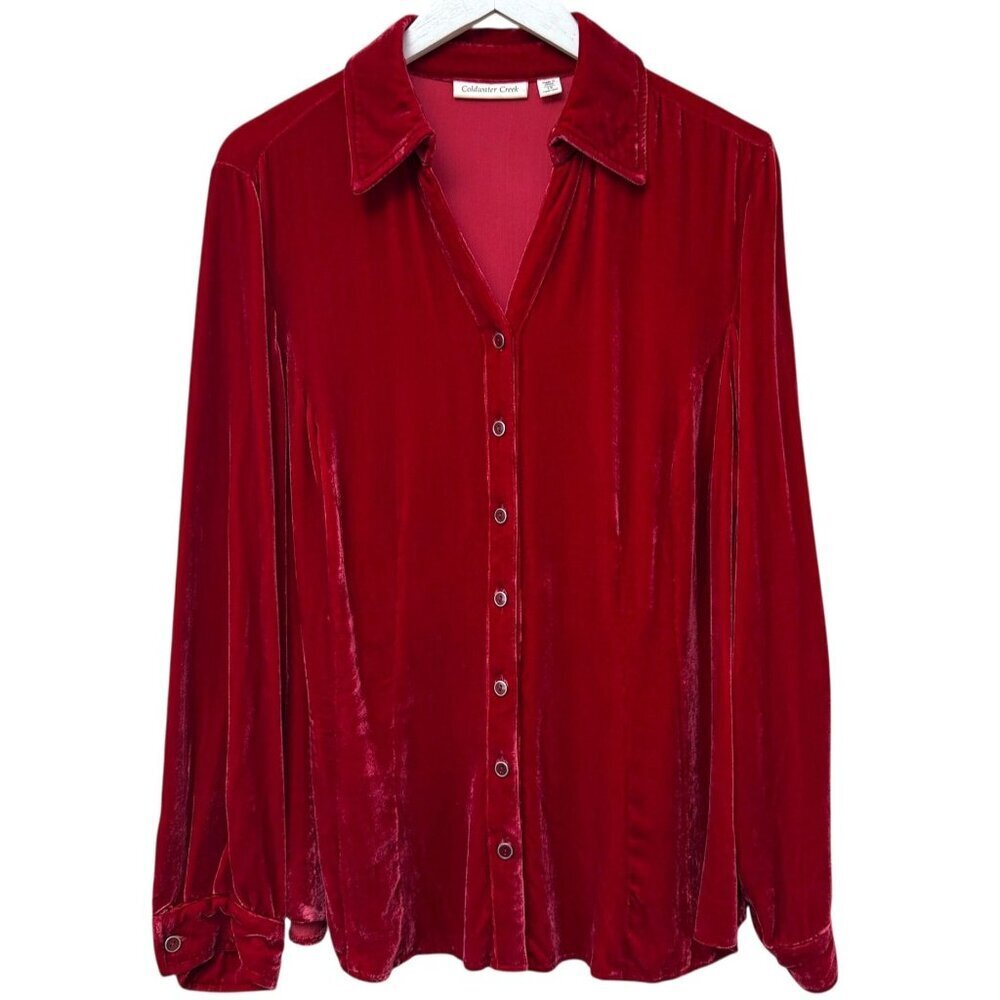Coldwater Creek Velvet Top Womens Plus Size 1X Red Silk Blend Button up Blouse